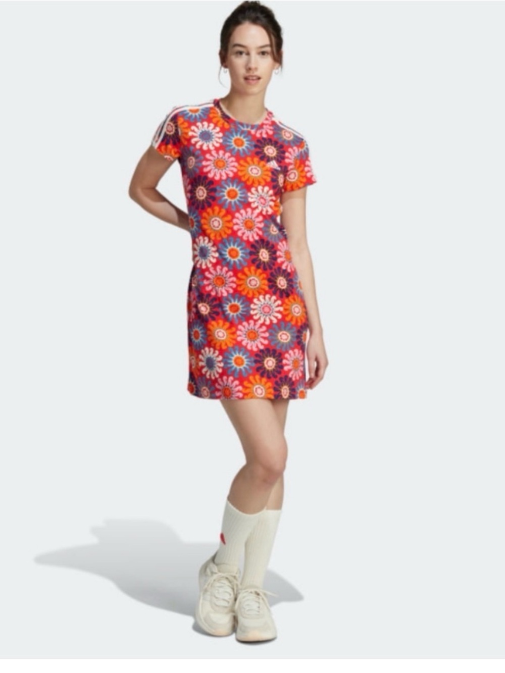 FARM Rio Vibrant Floral Print Short Sleeve Shirt Dress Adidas Collaboration